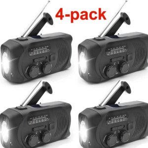 4 st. Svarta Vevradio med Solceller, Ficklampa och 2000mAh Powerbank Nödradio, Överlevnad