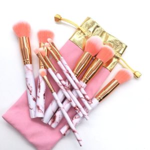 Pink Marble 10 st. sminkborstar med snygg förvaring