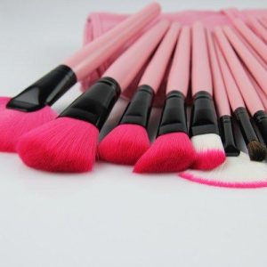 (Pink Pro) 24 st. rosa sminkborstar med läderfodral