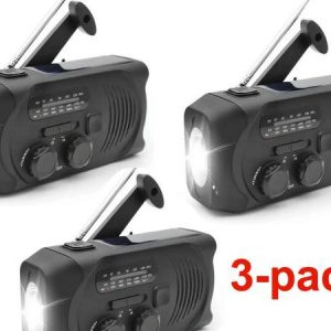 3 st. Svarta Vevradio med Solceller, Ficklampa och 2000mAh Powerbank Nödradio, Överlevnad