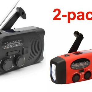 2-pack Svart och Röd Vevradio med Solceller, Ficklampa och 2000mAh Powerbank Nödradio